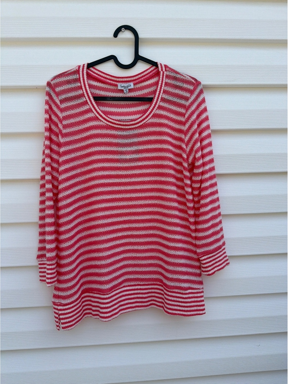 Splendid Women's Medium Coral Pink White Striped 3/4 Sleeve Knit Top Made USA